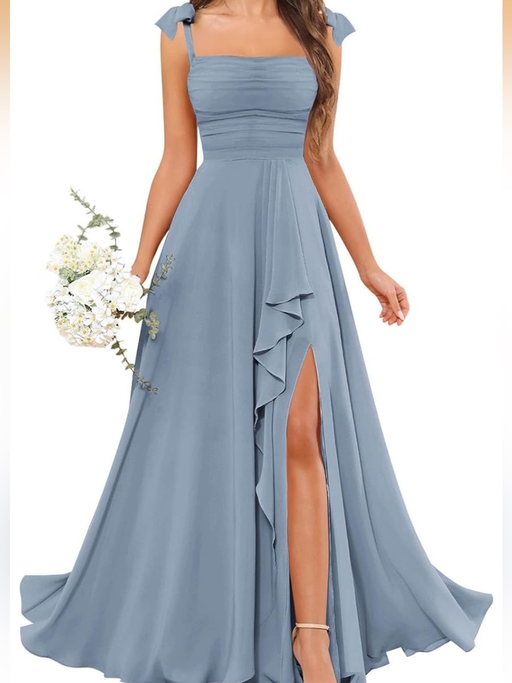 Sleeveless Bow Strap Ruffled Slit Prom Dress in Dusty Blue